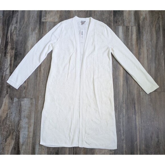 NWT Chico's Tonal Jacquard Cardigan Women's 4 Ivory Longline Open Front Textured - Picture 1 of 12